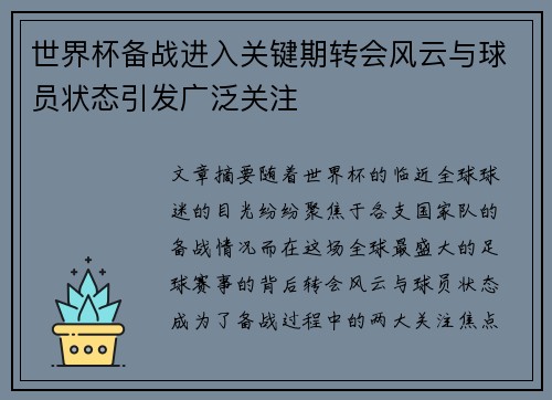 世界杯备战进入关键期转会风云与球员状态引发广泛关注